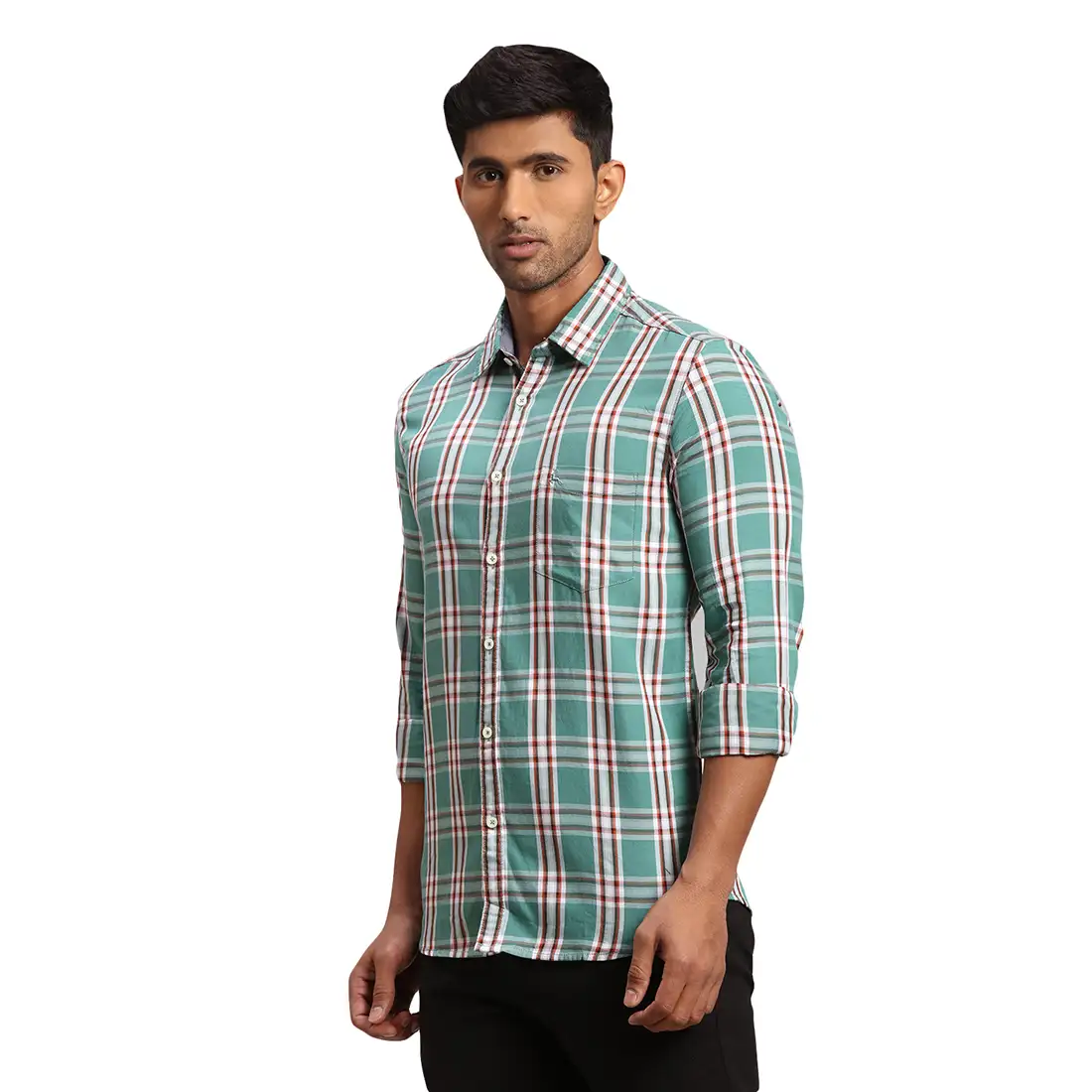Men Green Slim Fit Checks Cotton Full Sleeve Shirts - Image 3