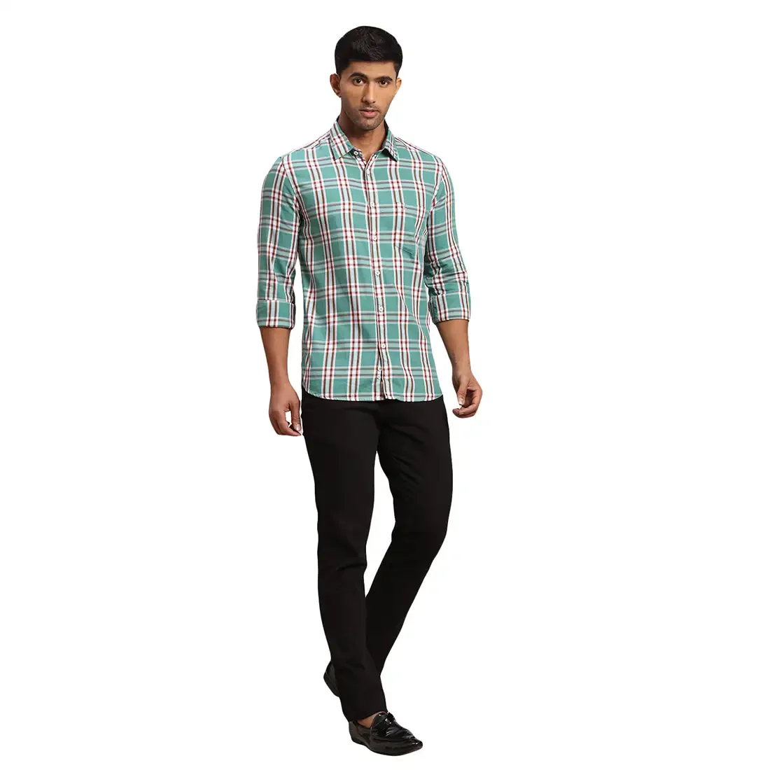 Men Green Slim Fit Checks Cotton Full Sleeve Shirts - Image 5
