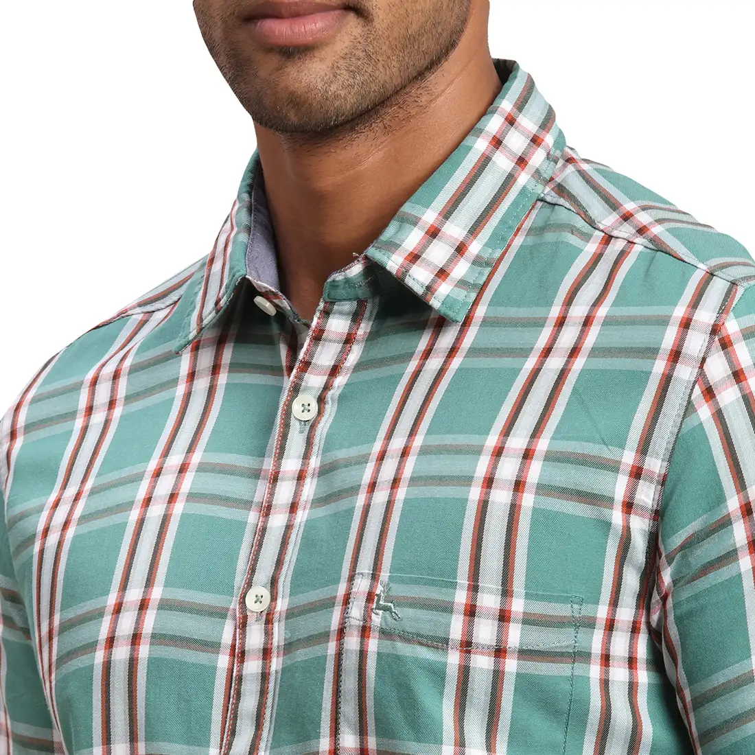 Men Green Slim Fit Checks Cotton Full Sleeve Shirts - Image 6