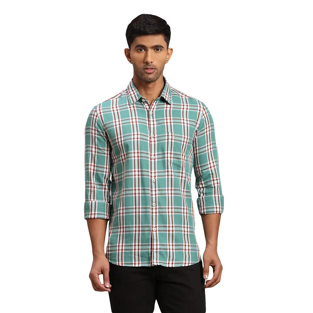 Men Green Slim Fit Checks Cotton Full Sleeve Shirts - Image 7