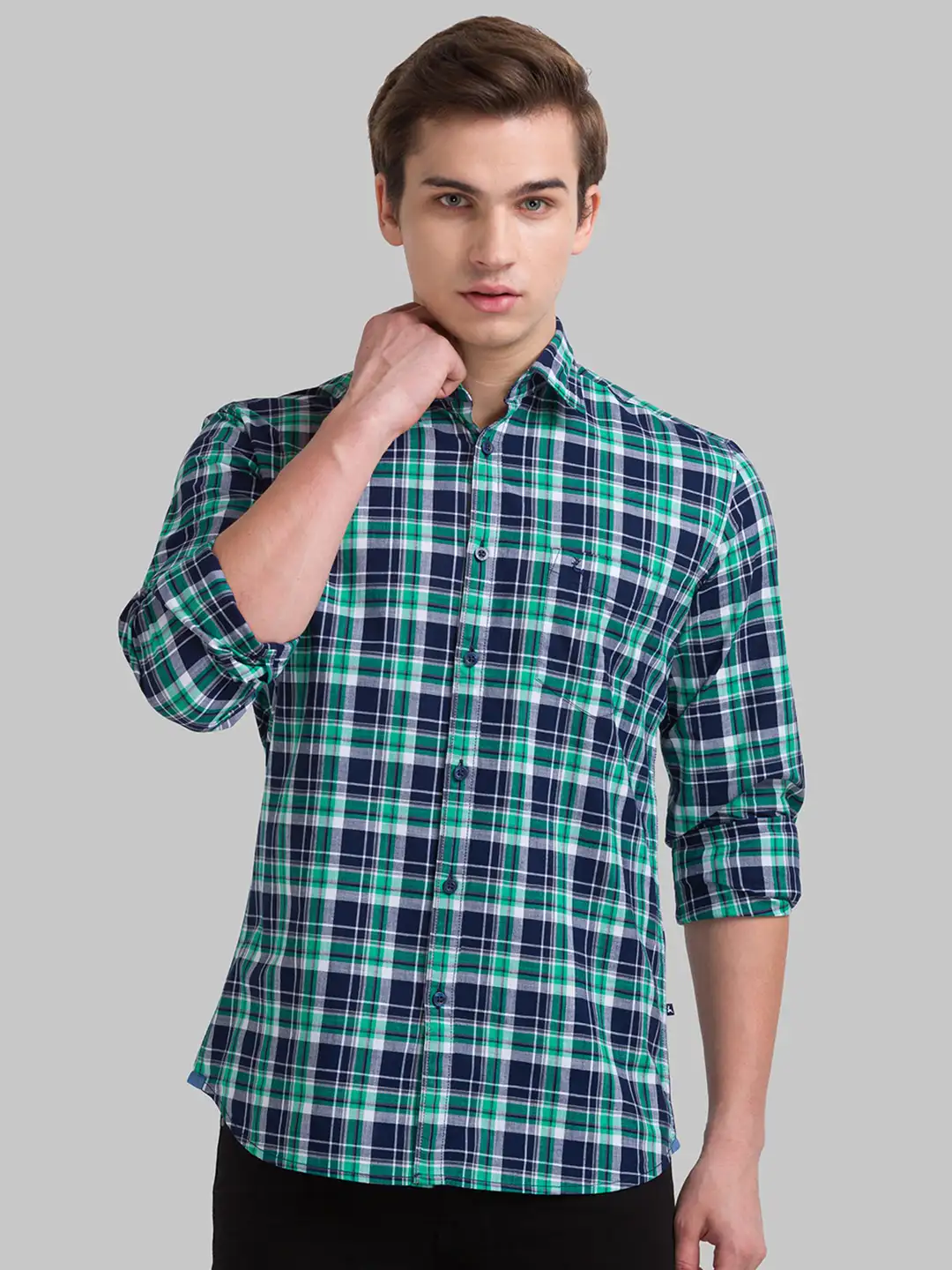 Men Green Slim Fit Checks Cotton Full Sleeve Shirts