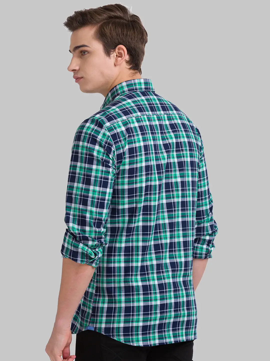 Men Green Slim Fit Checks Cotton Full Sleeve Shirts - Image 3