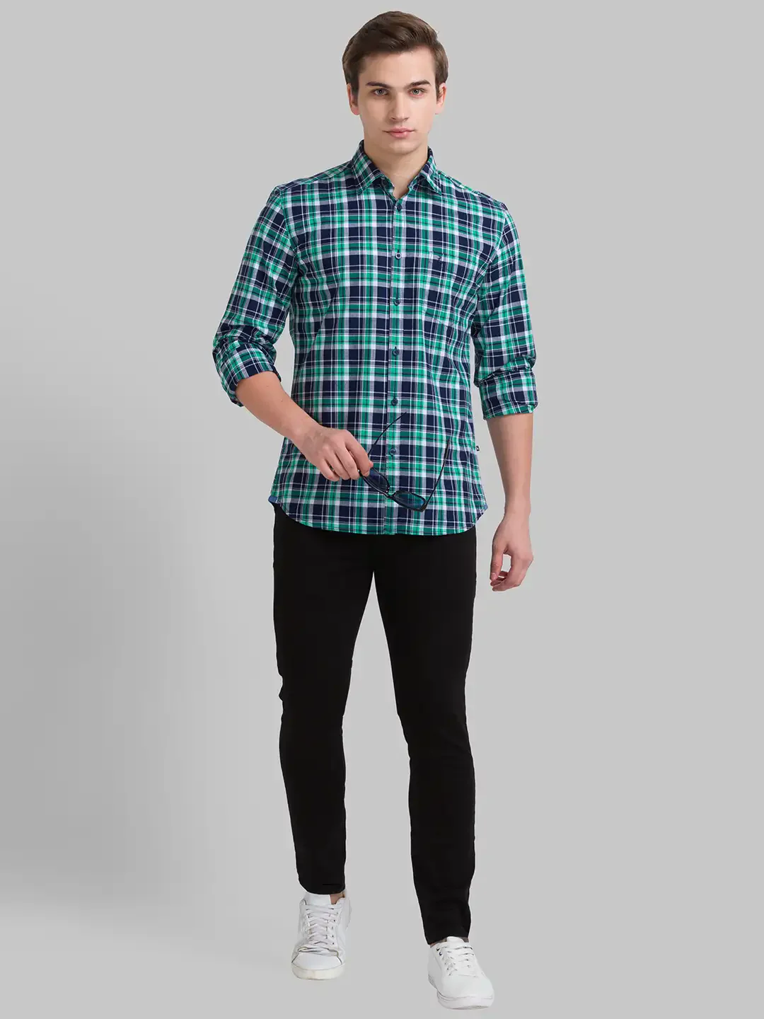 Men Green Slim Fit Checks Cotton Full Sleeve Shirts - Image 4