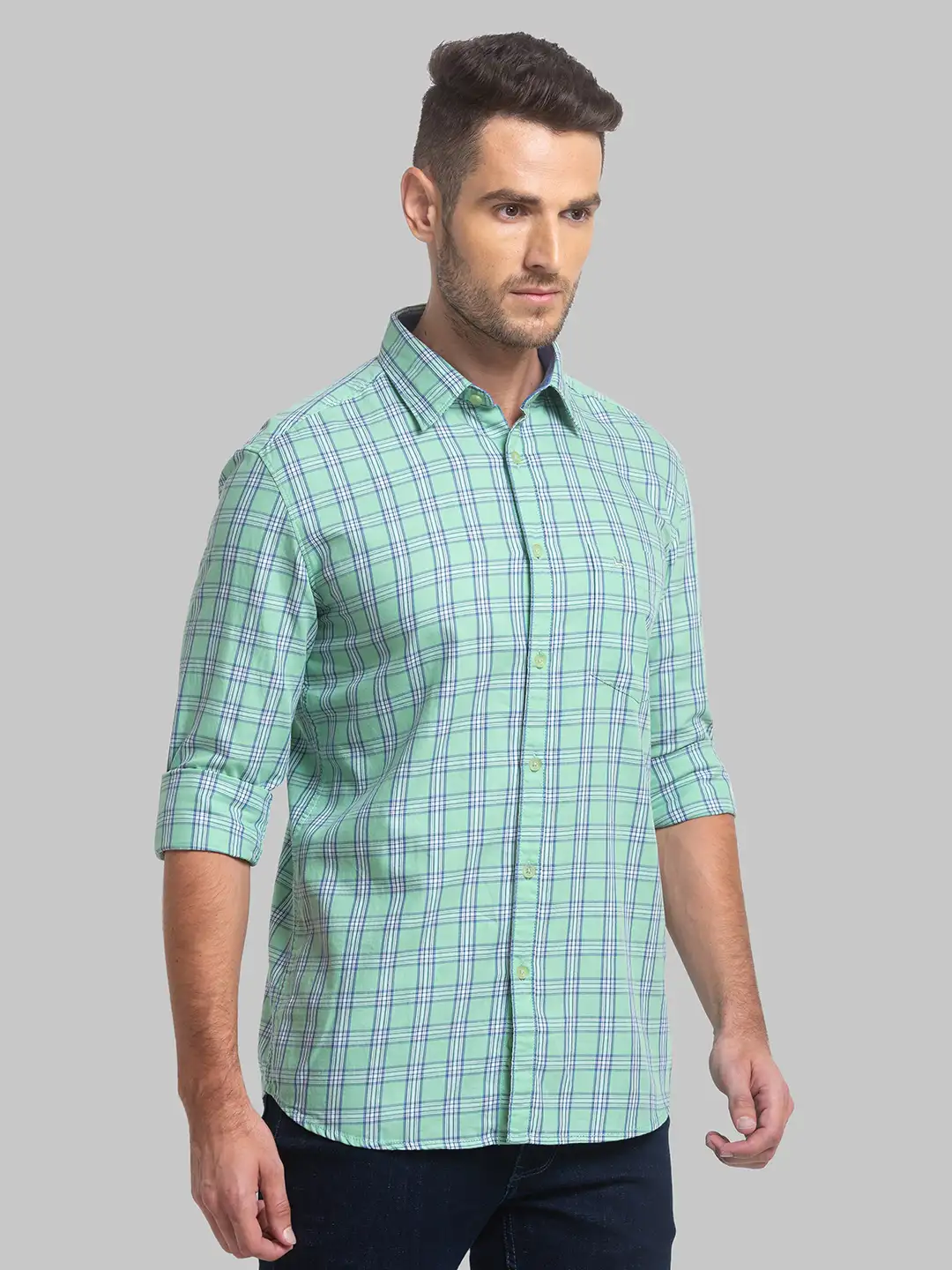Men Green Slim Fit Checks Cotton Full Sleeve Shirts - Image 2