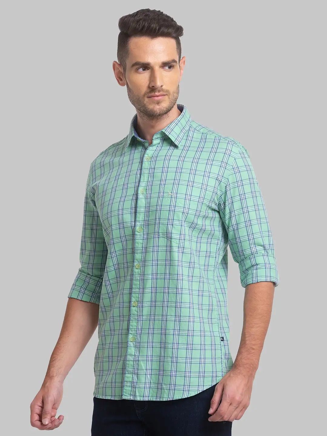 Men Green Slim Fit Checks Cotton Full Sleeve Shirts - Image 3