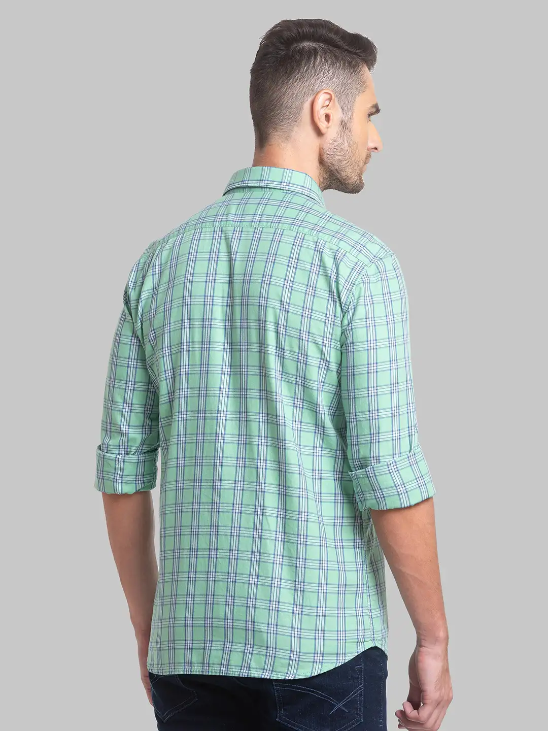 Men Green Slim Fit Checks Cotton Full Sleeve Shirts - Image 4