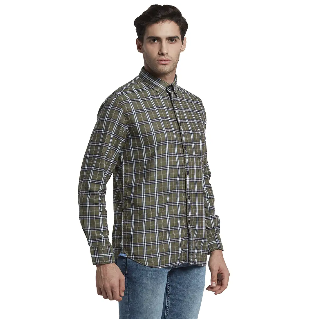 Men Green Slim Fit Checks Cotton Full Sleeve Shirts - Image 2
