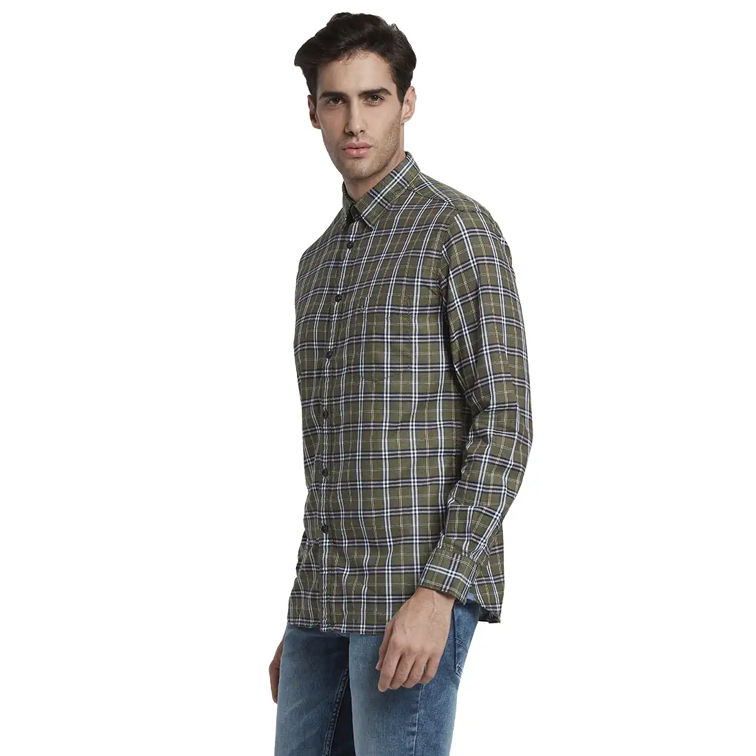 Men Green Slim Fit Checks Cotton Full Sleeve Shirts - Image 3