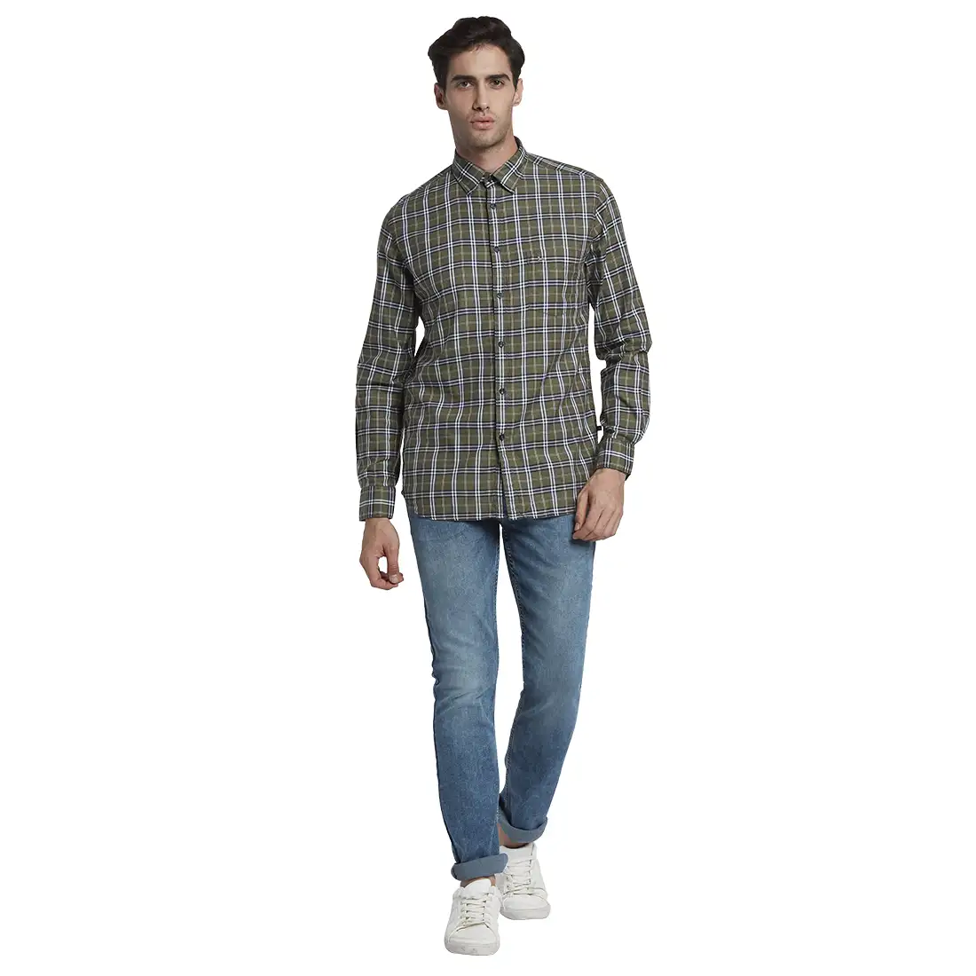 Men Green Slim Fit Checks Cotton Full Sleeve Shirts - Image 5