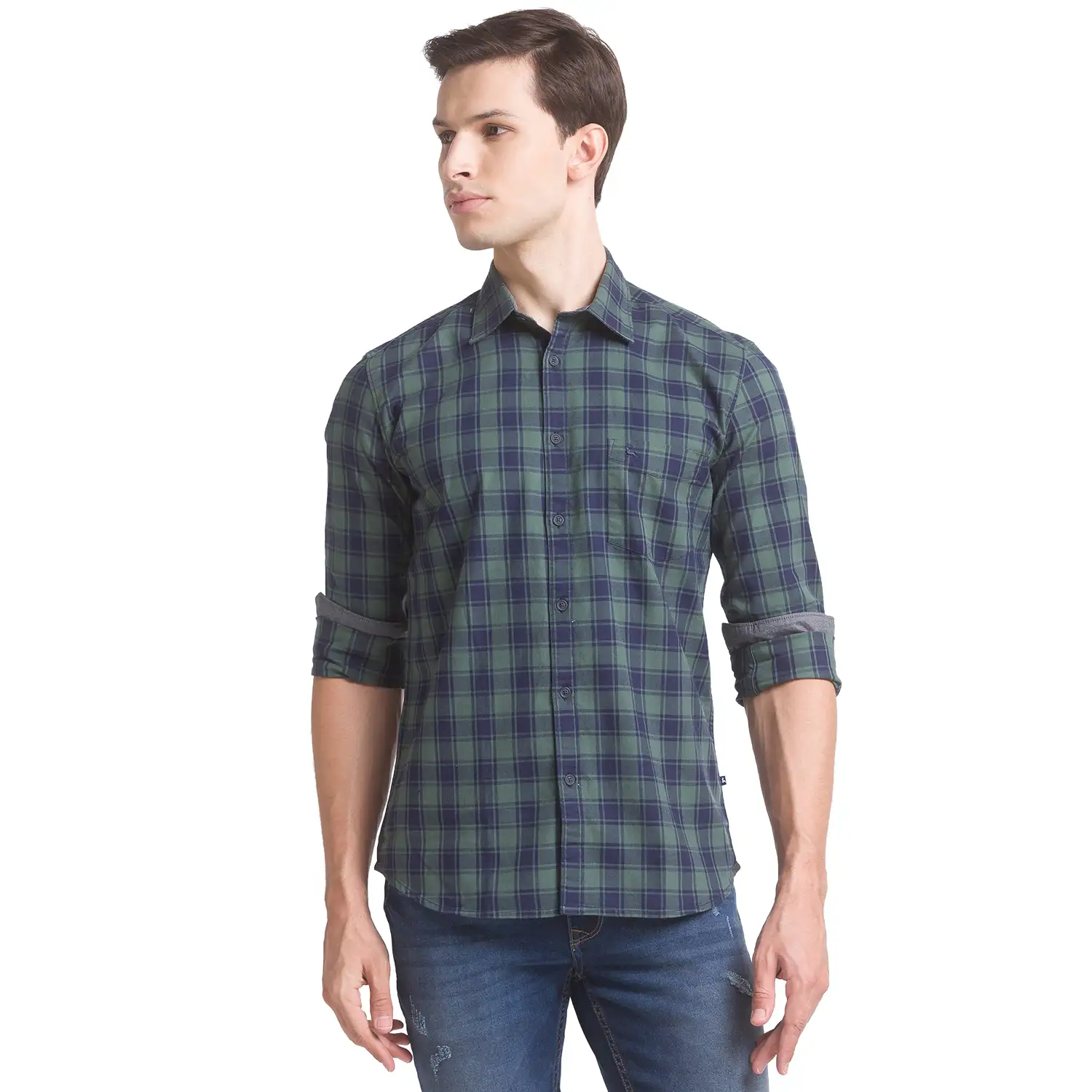 Men Green Slim Fit Checks Cotton Full Sleeve Shirts