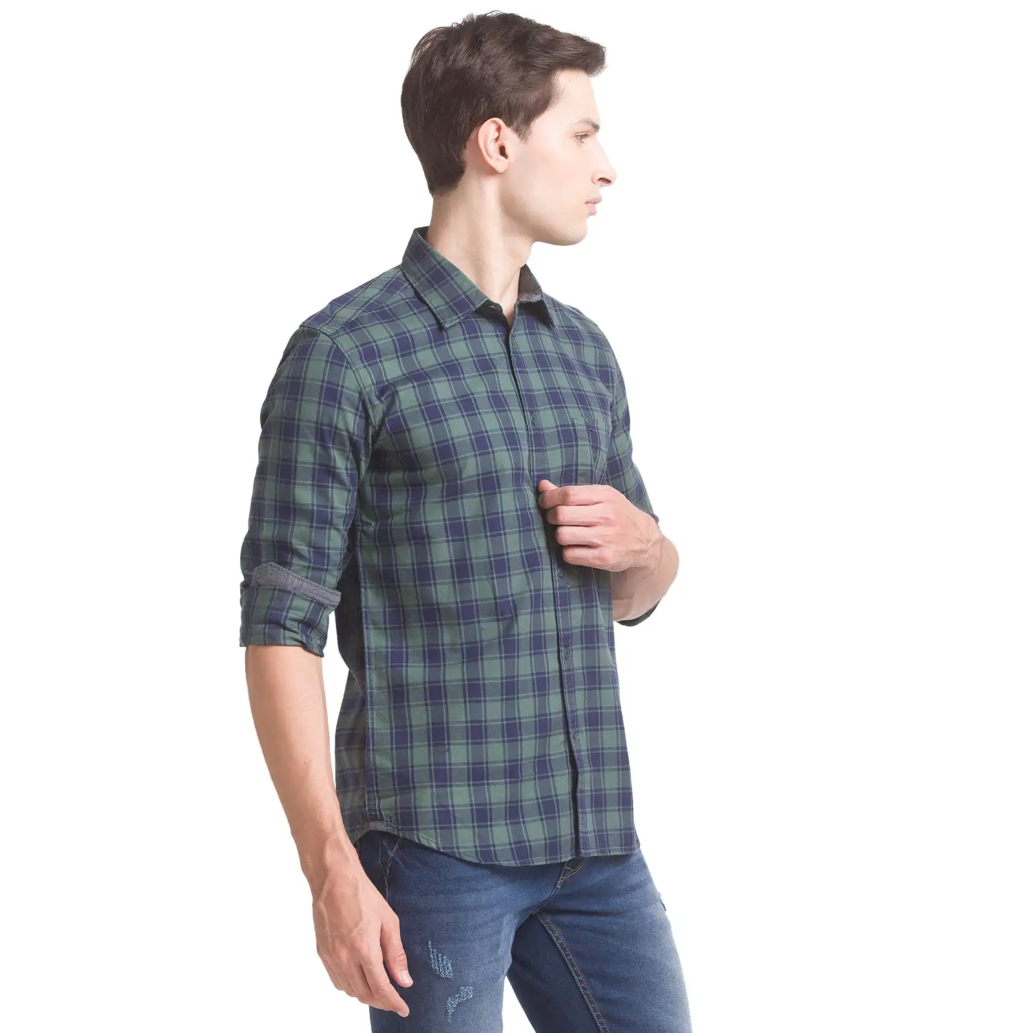 Men Green Slim Fit Checks Cotton Full Sleeve Shirts - Image 2