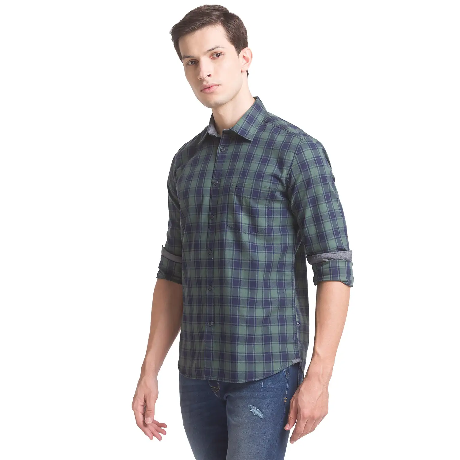 Men Green Slim Fit Checks Cotton Full Sleeve Shirts - Image 3