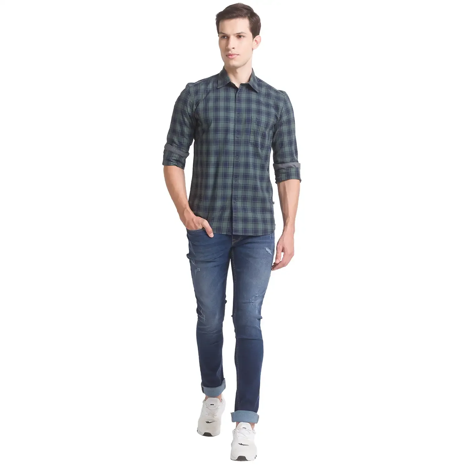 Men Green Slim Fit Checks Cotton Full Sleeve Shirts - Image 5