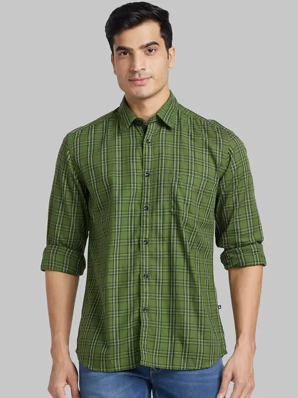 Men Green Slim Fit Checks Cotton Full Sleeve Shirts