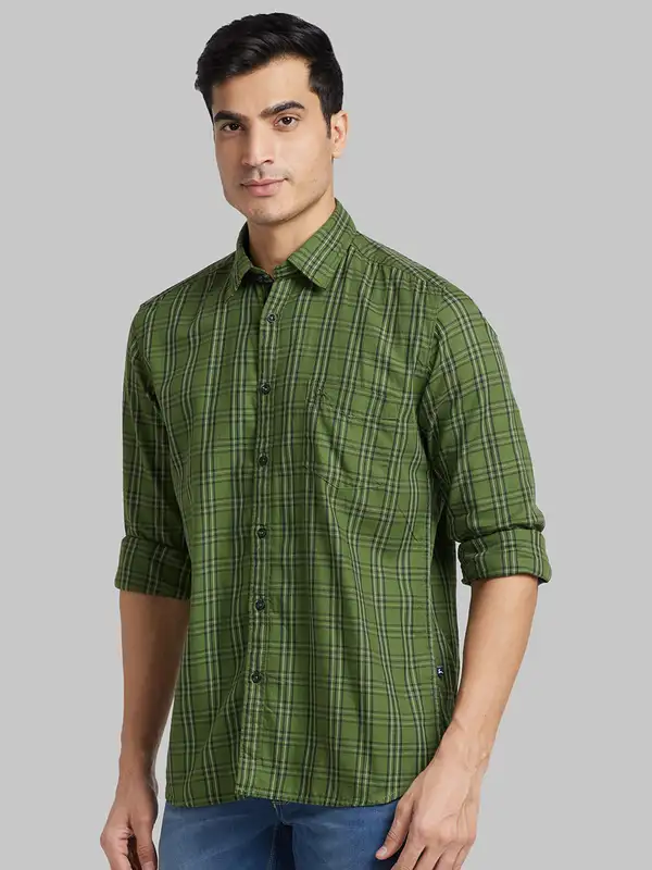 Men Green Slim Fit Checks Cotton Full Sleeve Shirts - Image 3