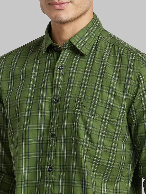 Men Green Slim Fit Checks Cotton Full Sleeve Shirts - Image 6