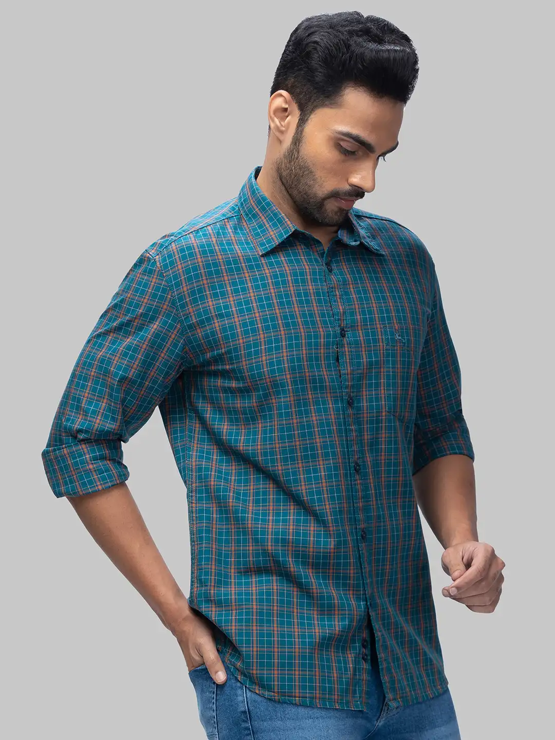 Men Green Slim Fit Checks Cotton Full Sleeve Shirts - Image 2
