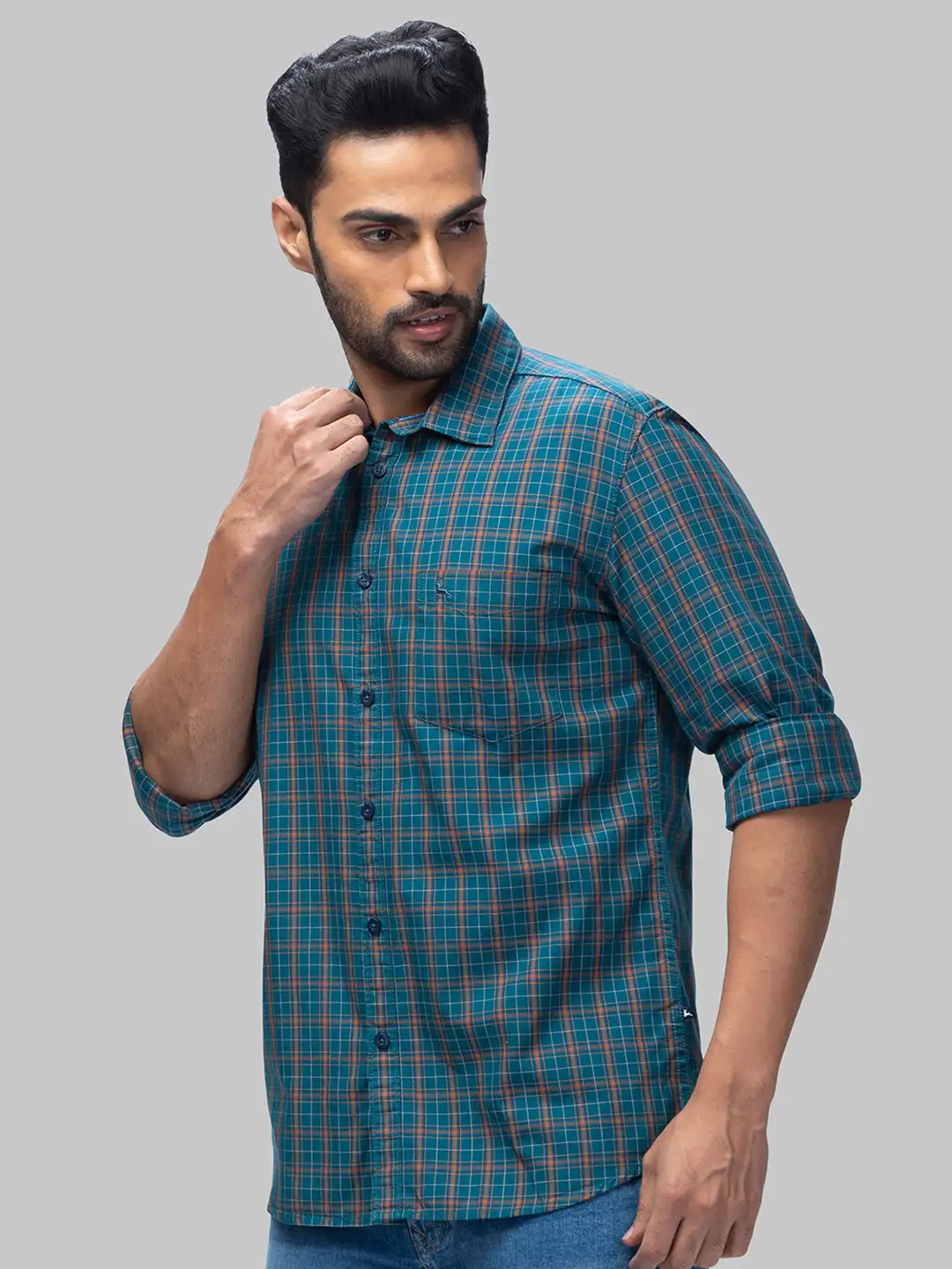 Men Green Slim Fit Checks Cotton Full Sleeve Shirts - Image 3