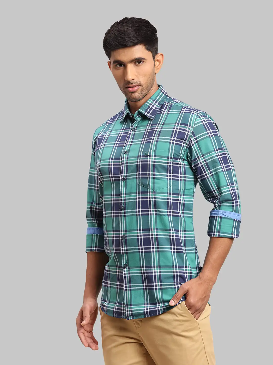 Men Green Slim Fit Checks Cotton Full Sleeve Shirts - Image 3