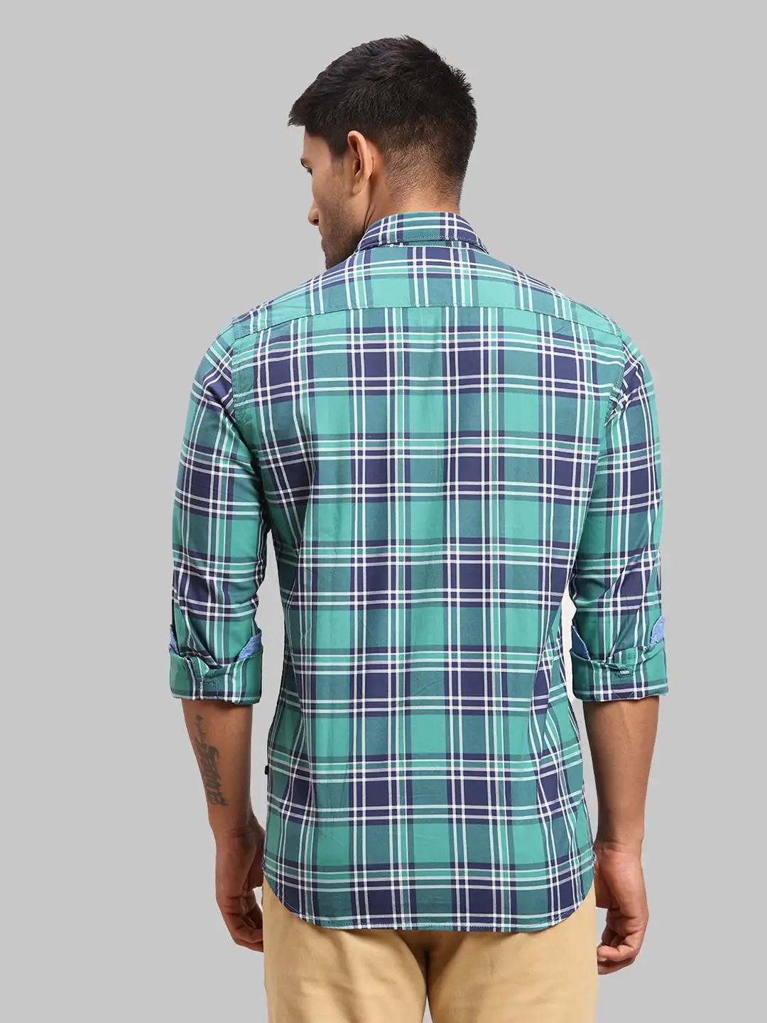 Men Green Slim Fit Checks Cotton Full Sleeve Shirts - Image 4