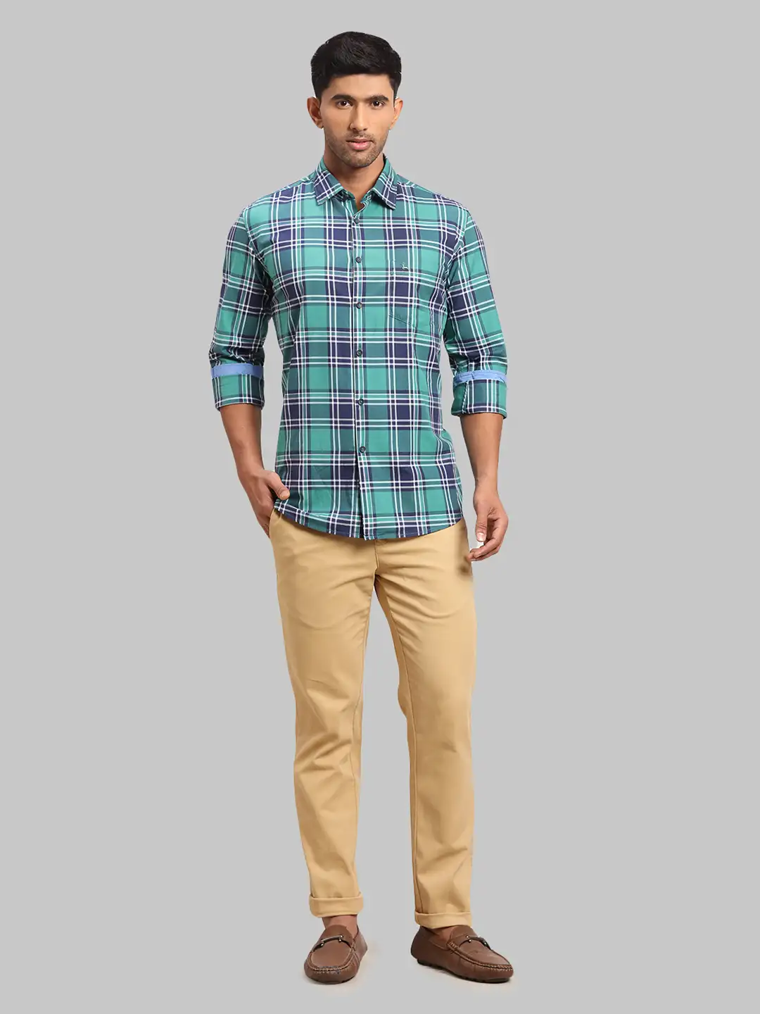 Men Green Slim Fit Checks Cotton Full Sleeve Shirts - Image 5