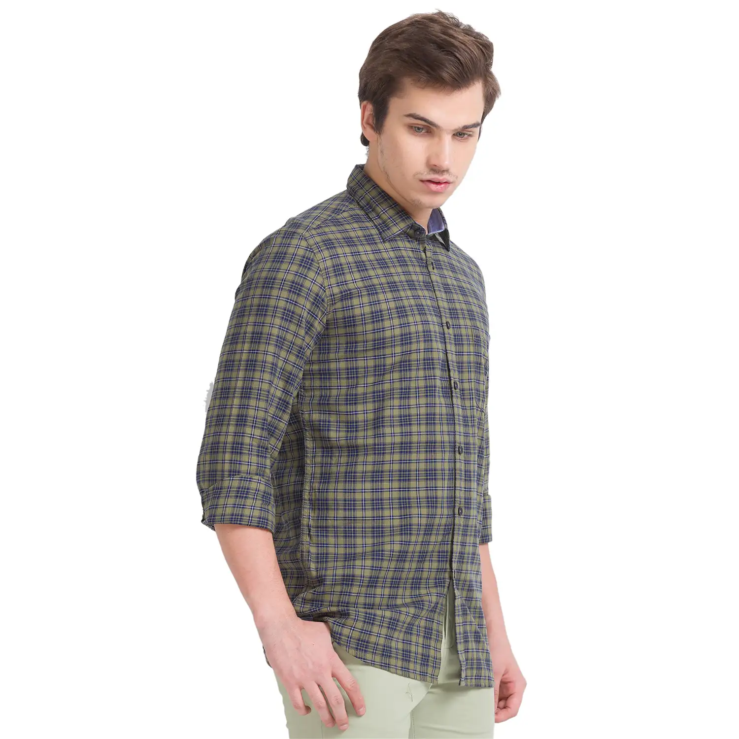 Men Green Slim Fit Checks Cotton Full Sleeve Shirts - Image 2