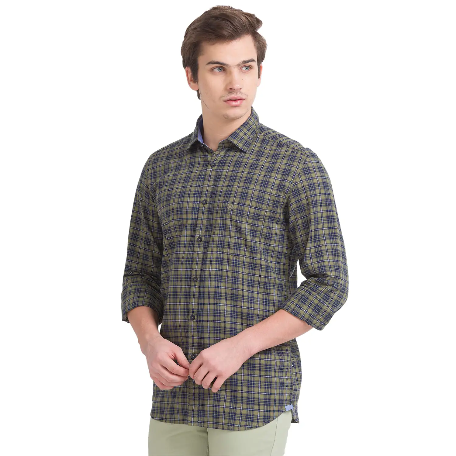 Men Green Slim Fit Checks Cotton Full Sleeve Shirts - Image 3