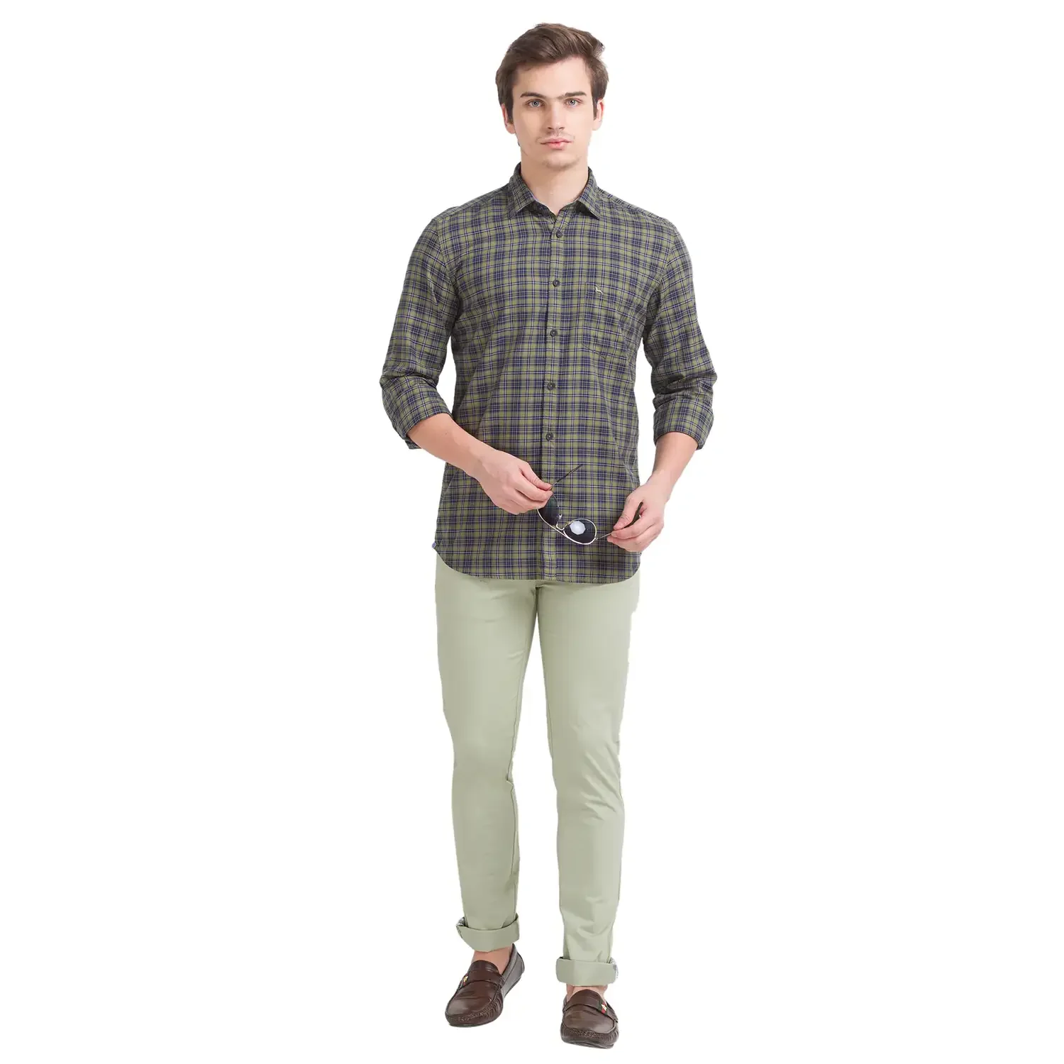 Men Green Slim Fit Checks Cotton Full Sleeve Shirts - Image 5
