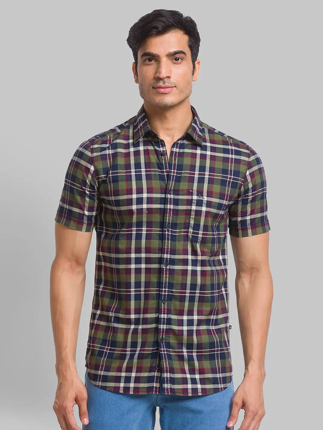 Men Green Slim Fit Checks Cotton Half Sleeve Shirts