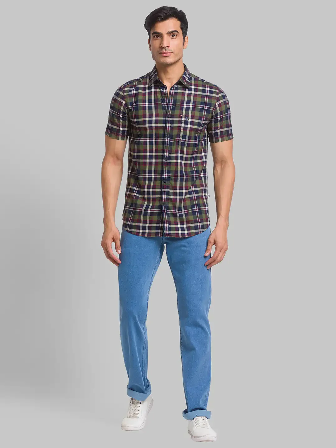 Men Green Slim Fit Checks Cotton Half Sleeve Shirts - Image 5