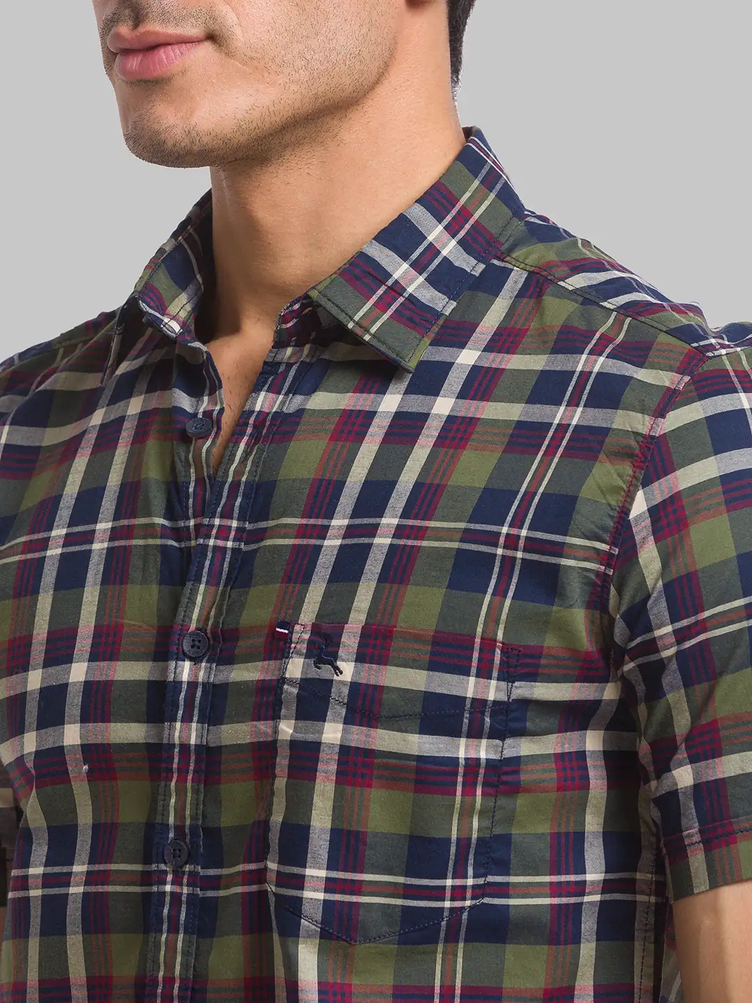 Men Green Slim Fit Checks Cotton Half Sleeve Shirts - Image 6
