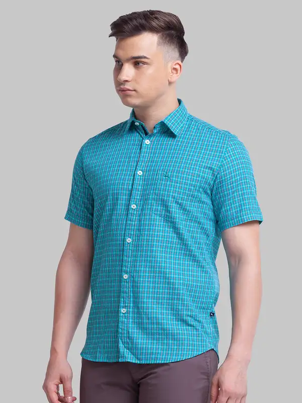 Men Green Slim Fit Checks Cotton Half Sleeve Shirts - Image 3