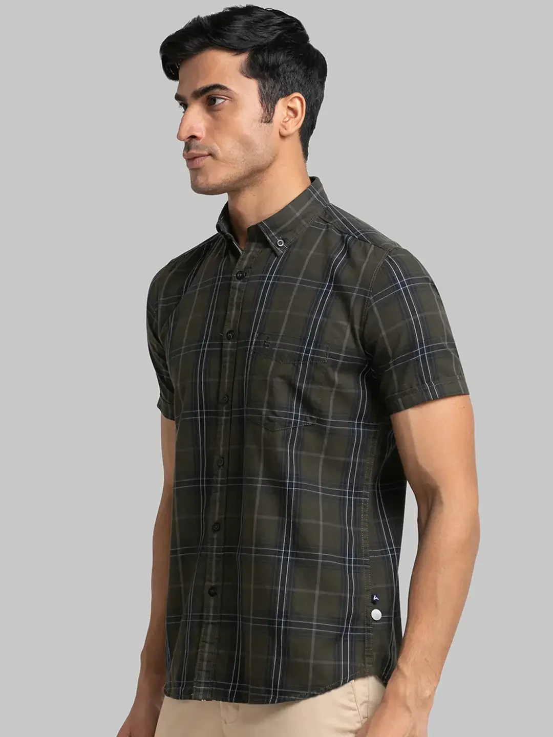Men Green Slim Fit Checks Cotton Half Sleeve Shirts - Image 3
