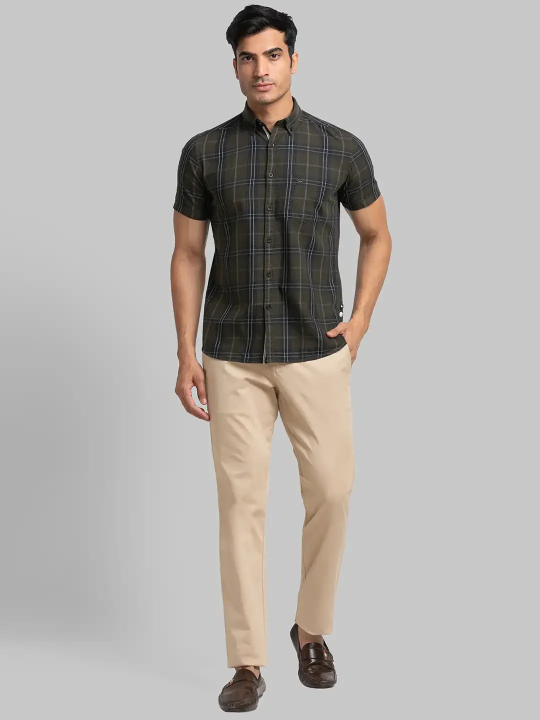 Men Green Slim Fit Checks Cotton Half Sleeve Shirts - Image 5