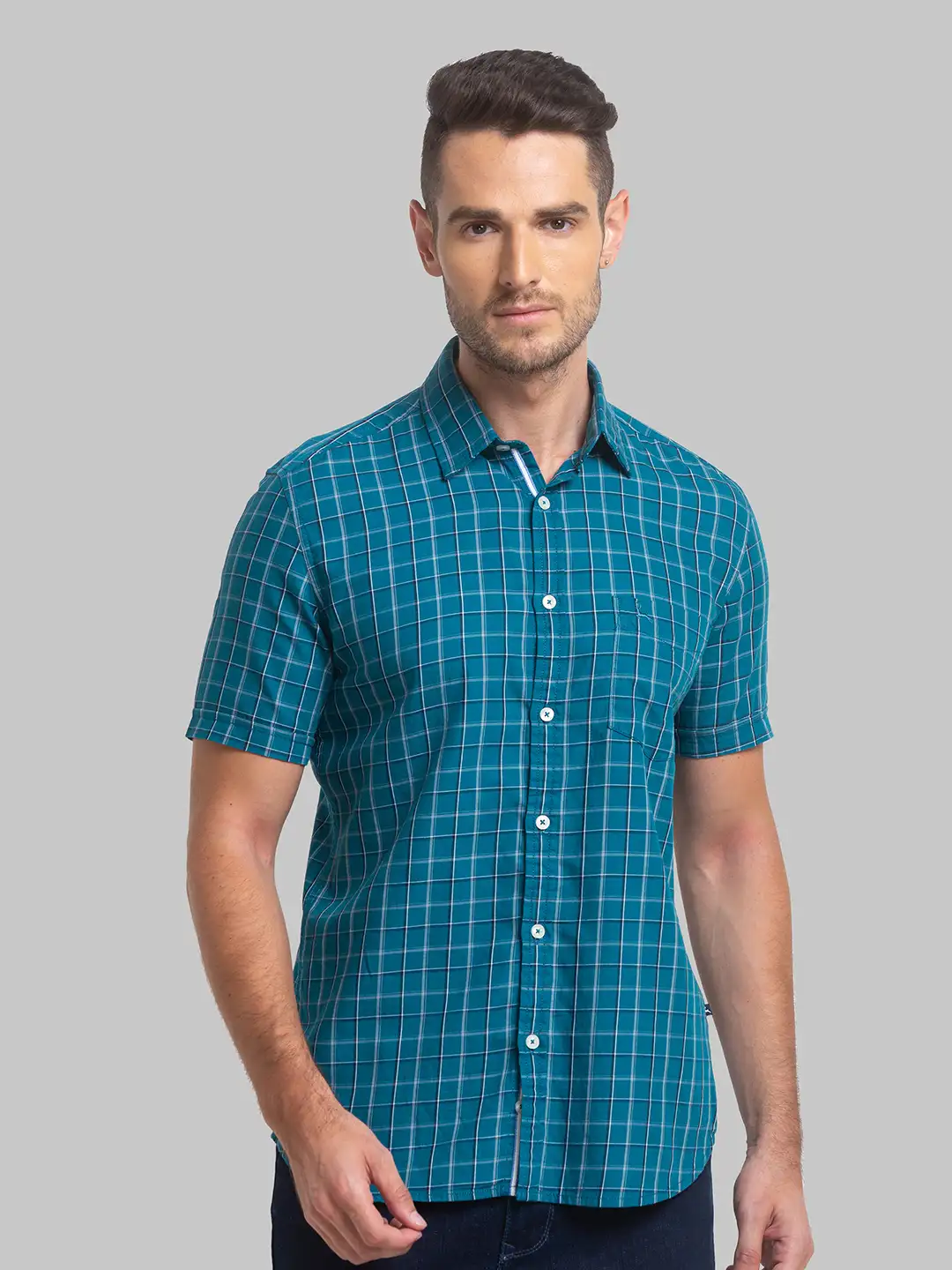 Men Green Slim Fit Checks Cotton Half Sleeve Shirts