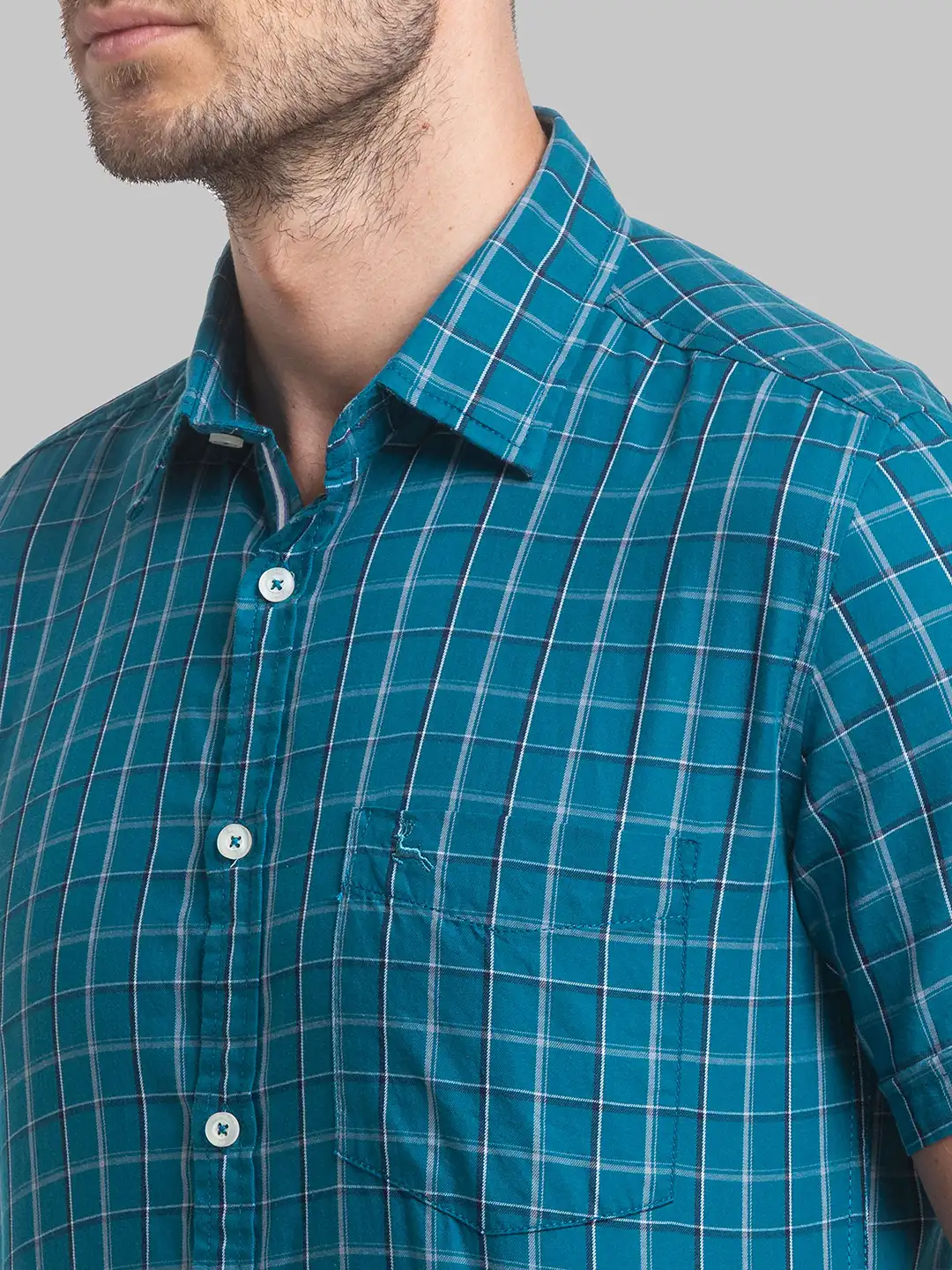 Men Green Slim Fit Checks Cotton Half Sleeve Shirts - Image 6