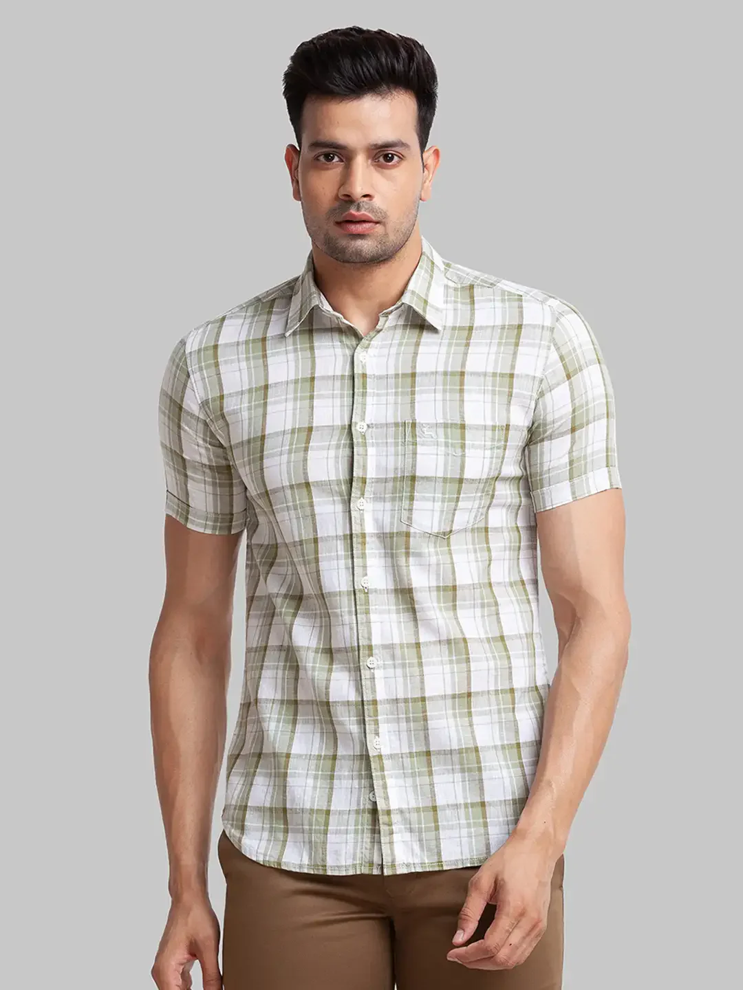 Men Green Slim Fit Checks Linen Cotton Blend Half Sleeve Shirts