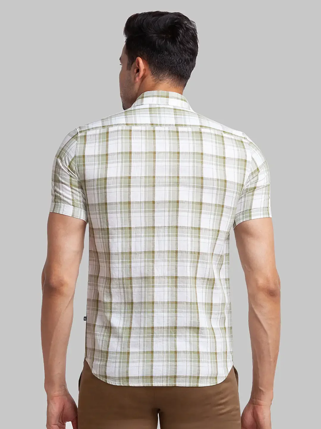 Men Green Slim Fit Checks Linen Cotton Blend Half Sleeve Shirts - Image 4