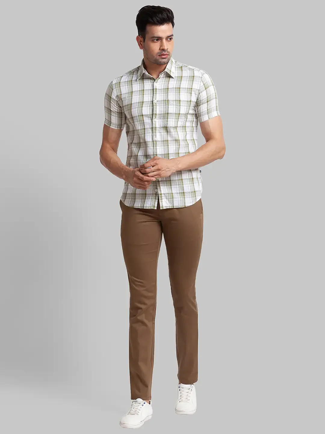 Men Green Slim Fit Checks Linen Cotton Blend Half Sleeve Shirts - Image 5