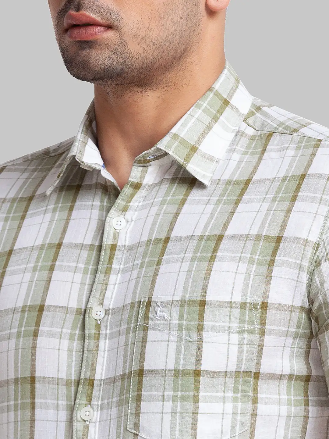 Men Green Slim Fit Checks Linen Cotton Blend Half Sleeve Shirts - Image 6