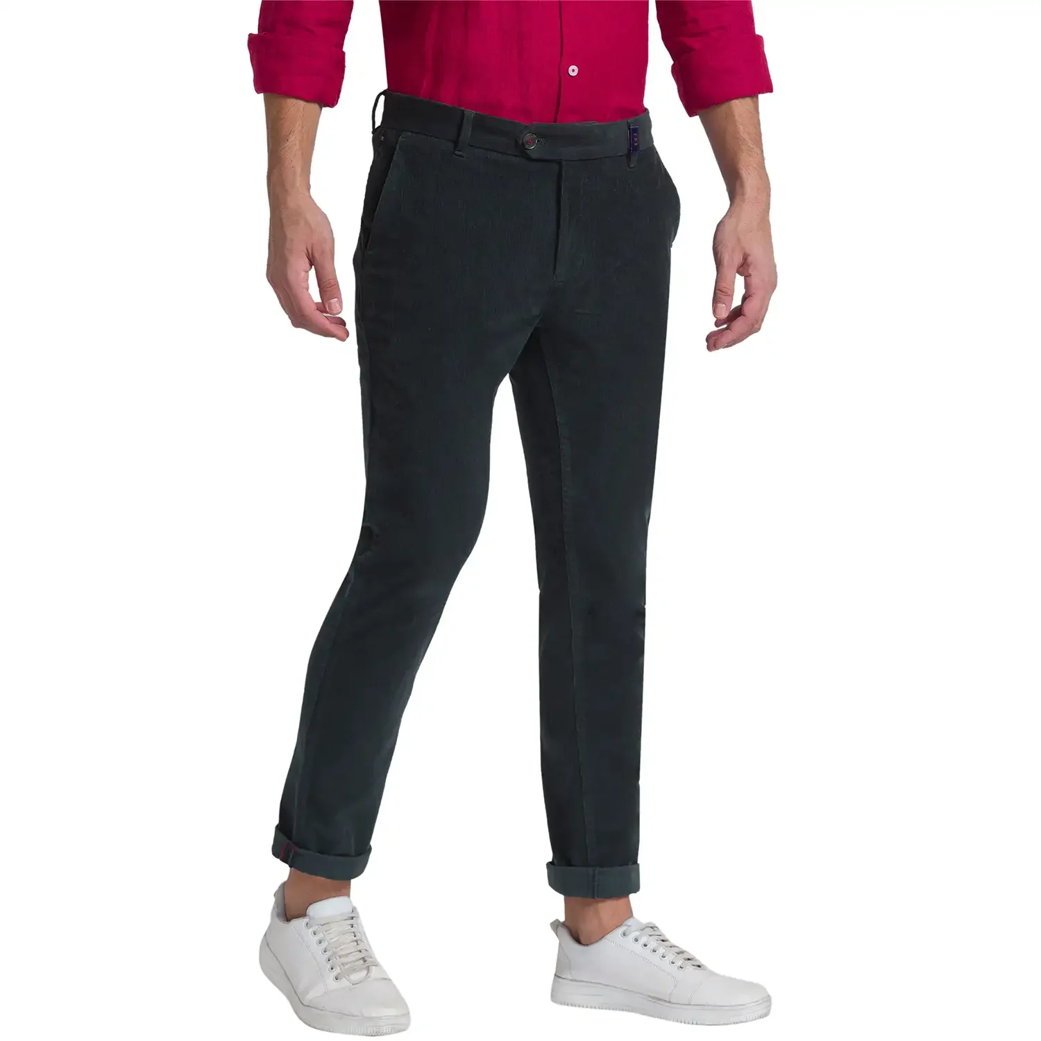 Men Green Slim Fit Corduroy Cotton Blend Trouser - Image 2