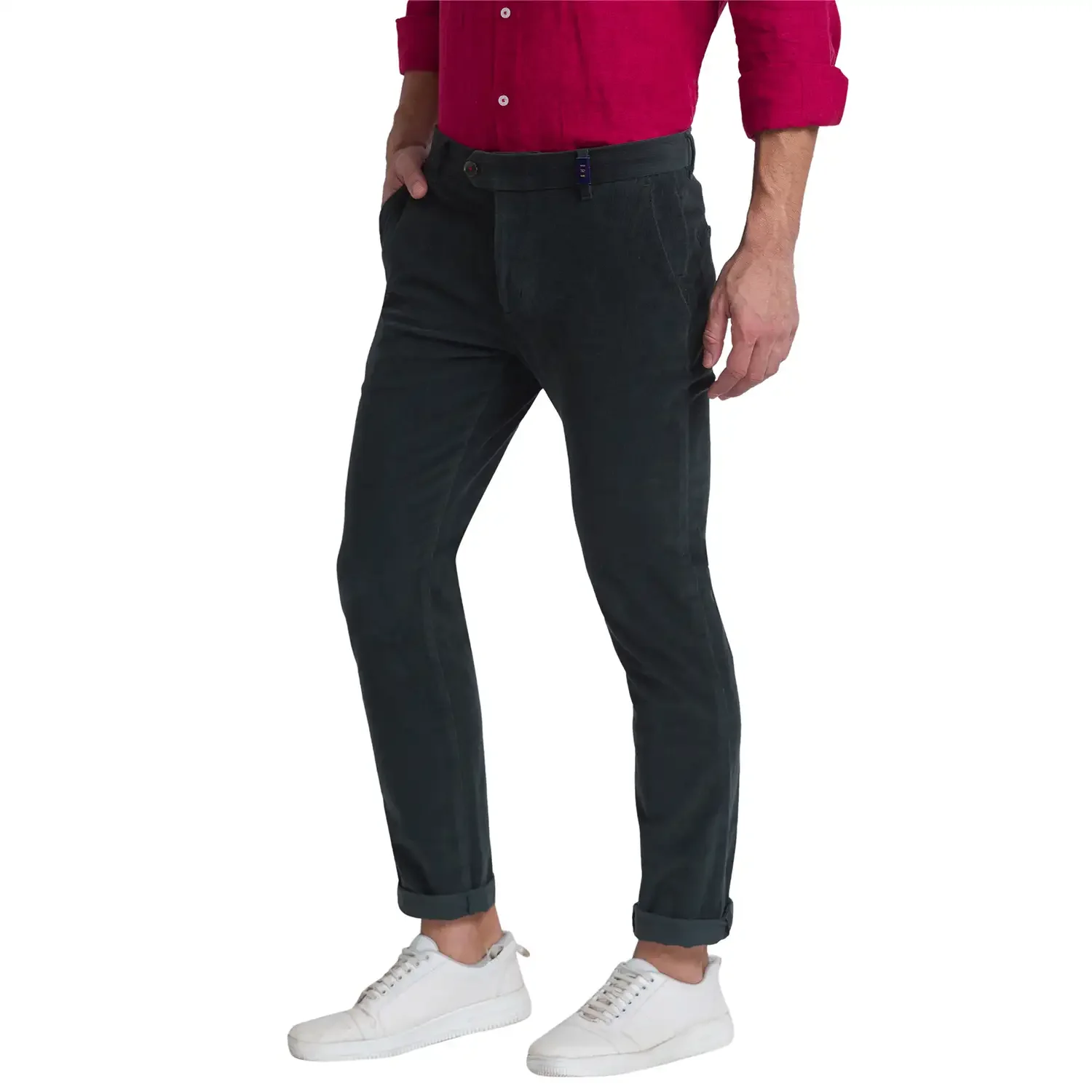 Men Green Slim Fit Corduroy Cotton Blend Trouser - Image 3
