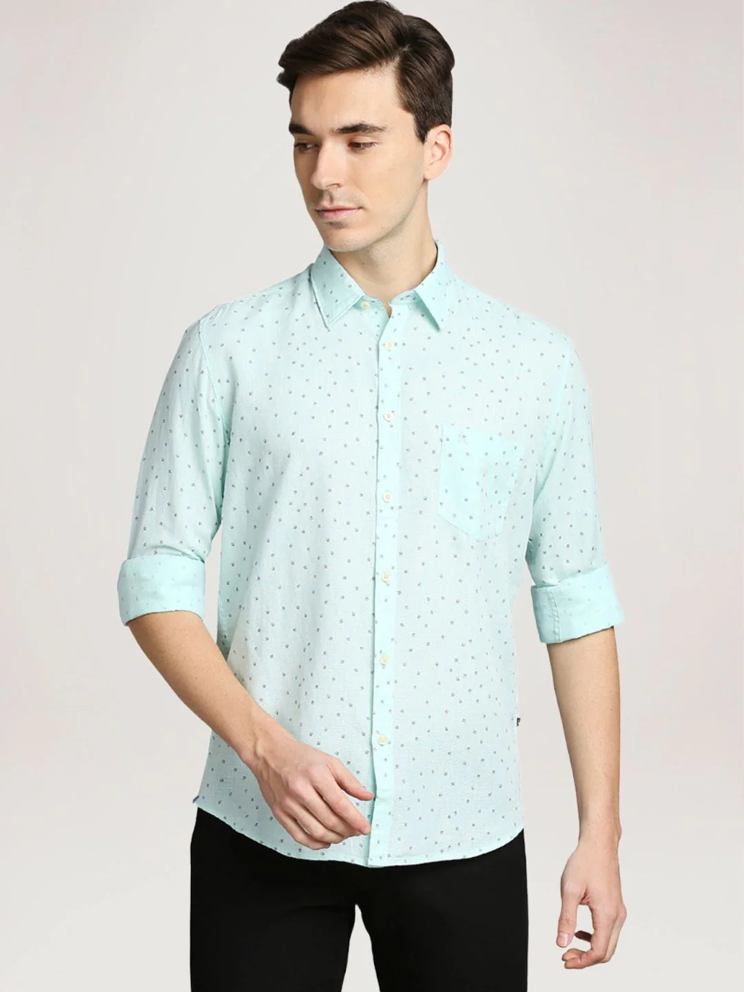 Men Green Slim Fit Print Cotton Blend Full Sleeve Shirts