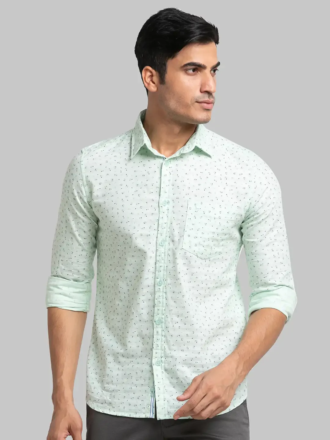 Men Green Slim Fit Print Cotton Full Sleeve Shirts