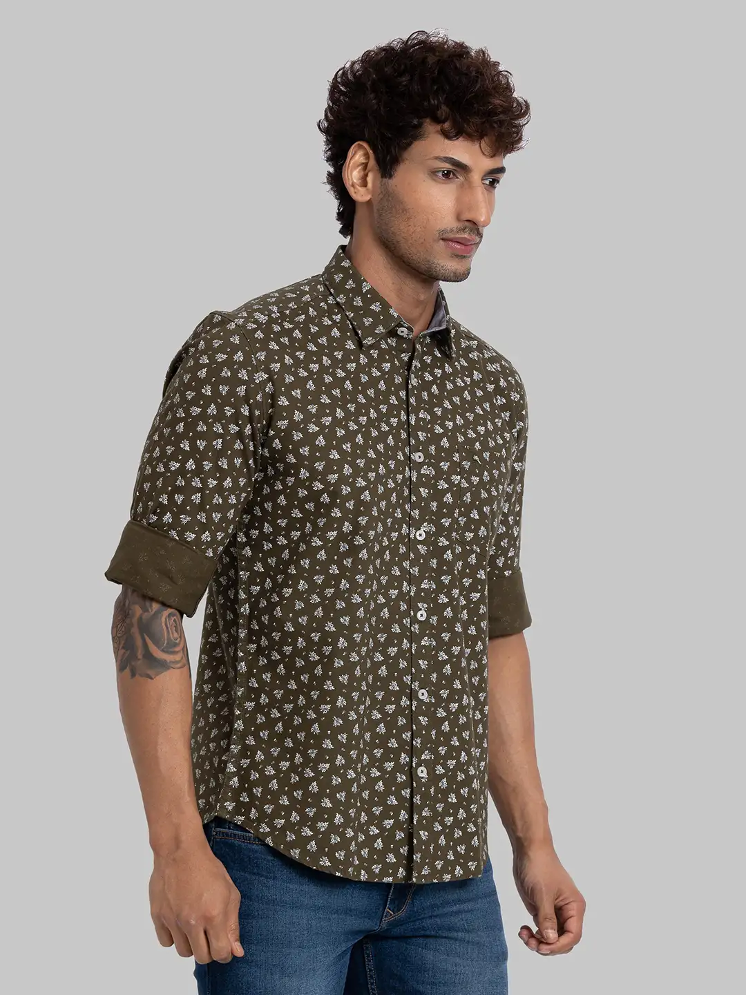 Men Green Slim Fit Print Cotton Full Sleeve Shirts - Image 2