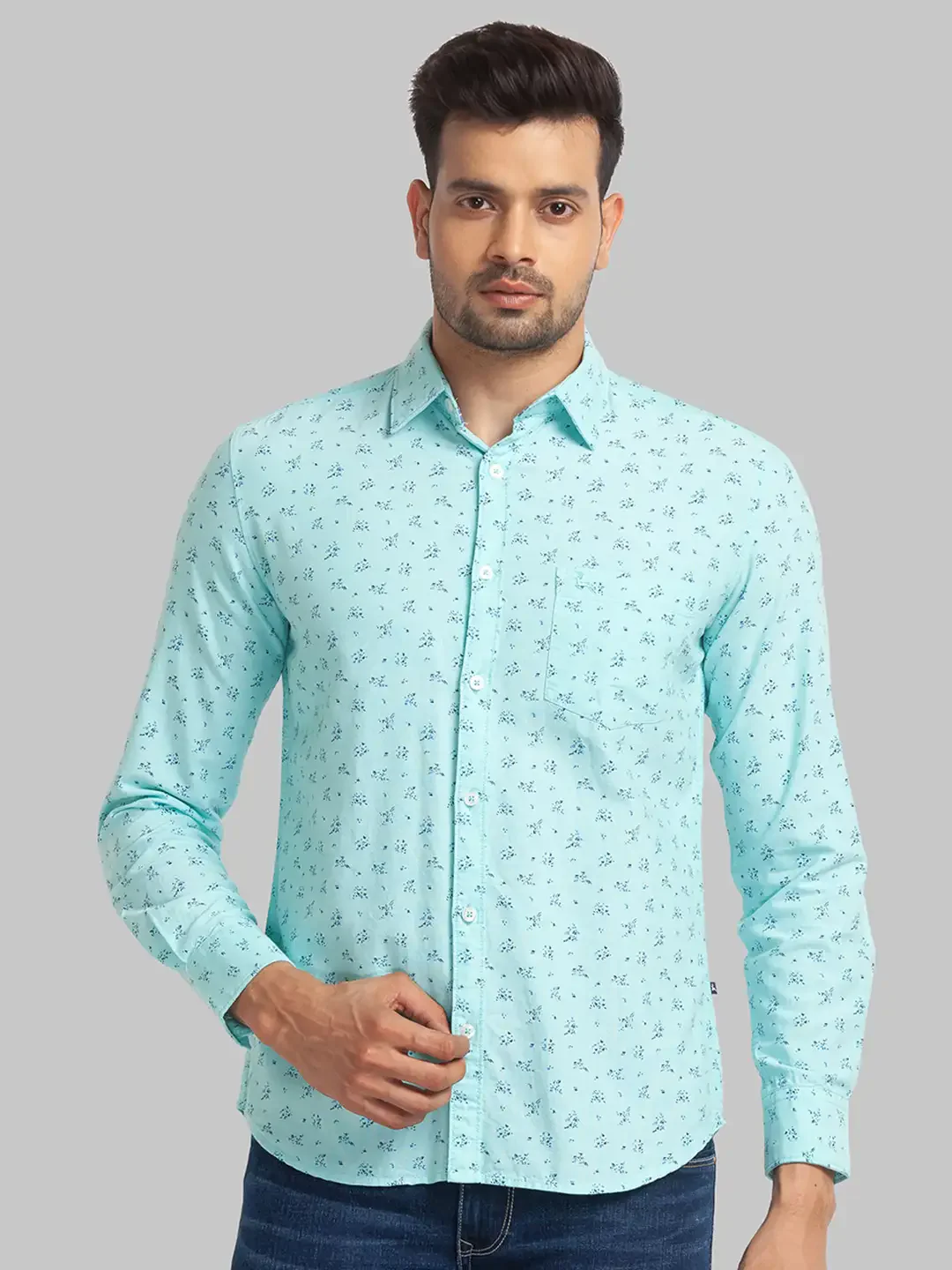 Men Green Slim Fit Print Cotton Full Sleeve Shirts