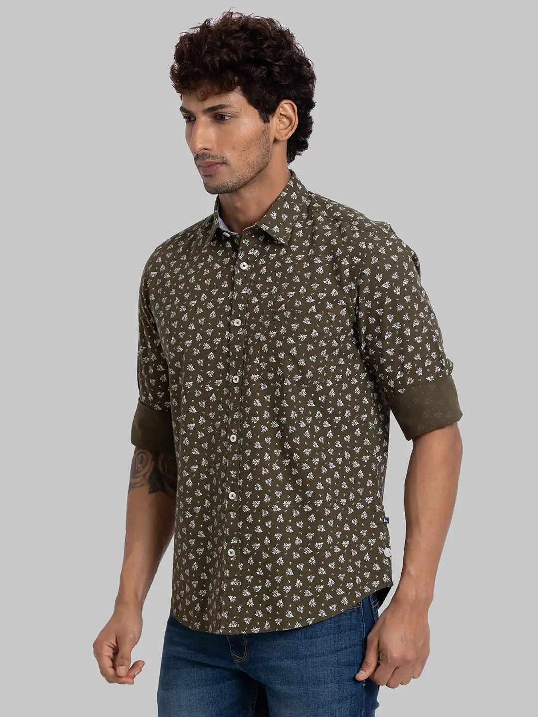 Men Green Slim Fit Print Cotton Full Sleeve Shirts - Image 3