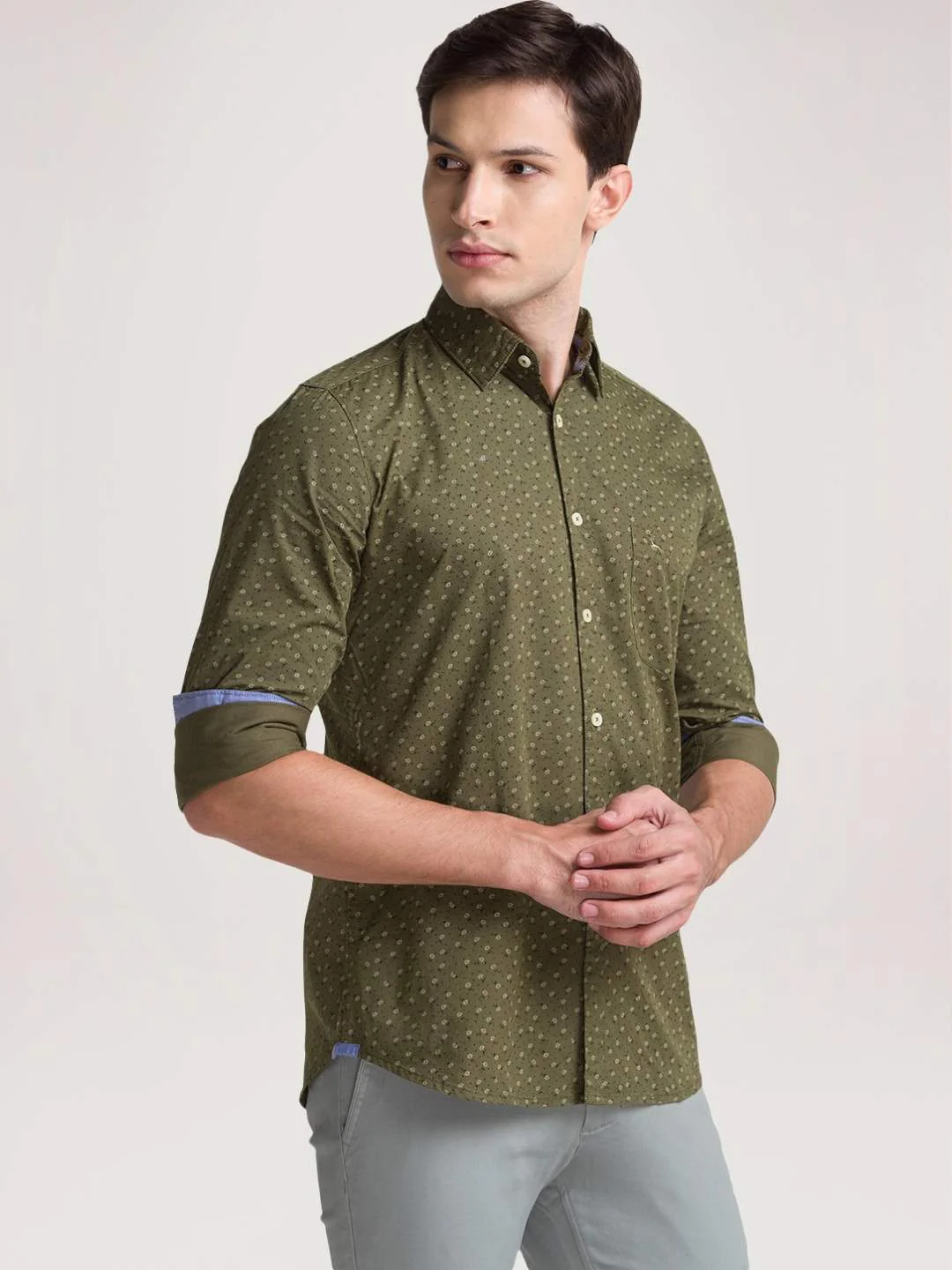 Men Green Slim Fit Print Cotton Full Sleeve Shirts - Image 5