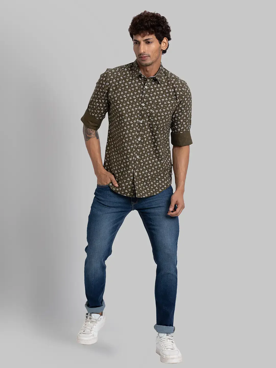 Men Green Slim Fit Print Cotton Full Sleeve Shirts - Image 5