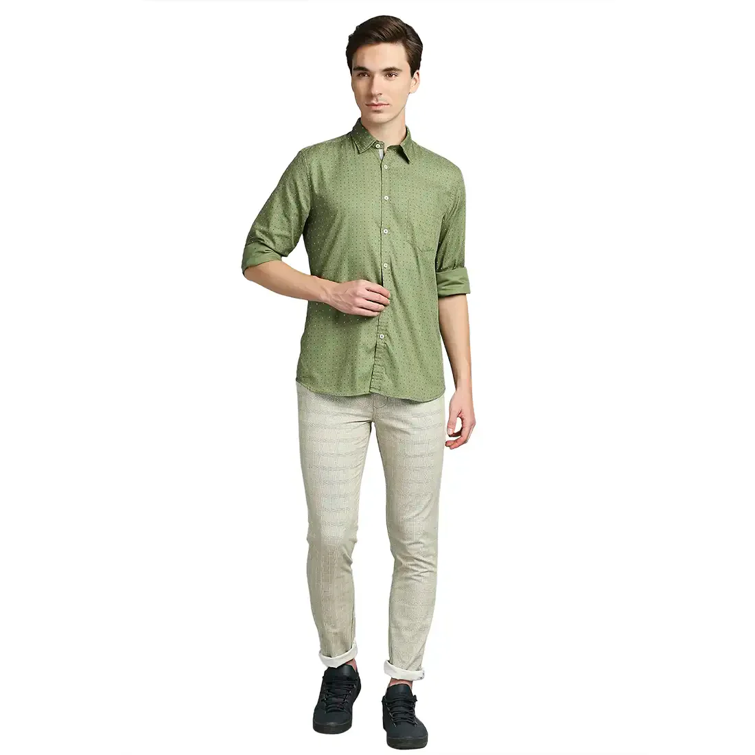 Men Green Slim Fit Print Cotton Full Sleeve Shirts - Image 5